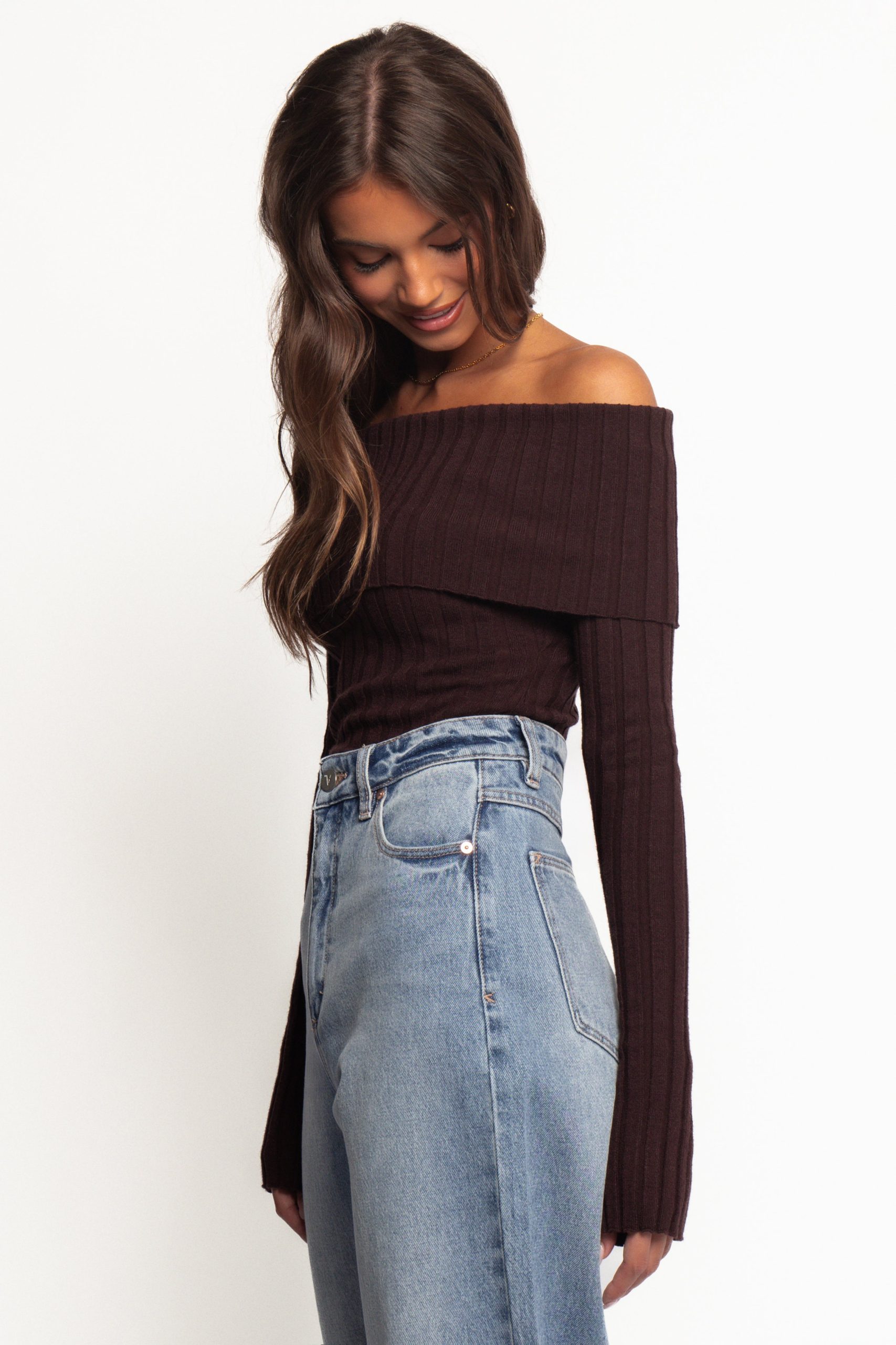 Inora Off Shoulder Knit Top - Chocolate - Image 3