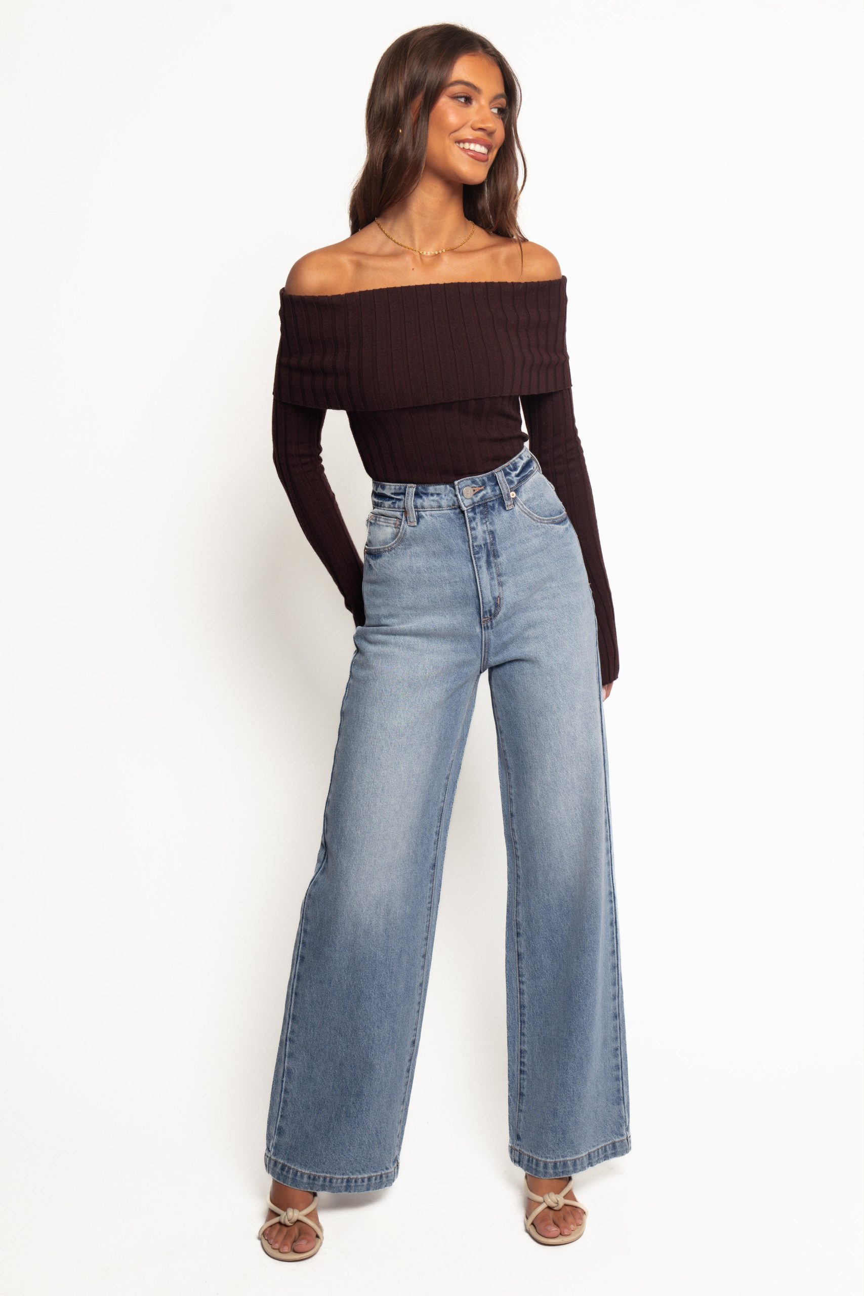 Inora Off Shoulder Knit Top - Chocolate - Image 2