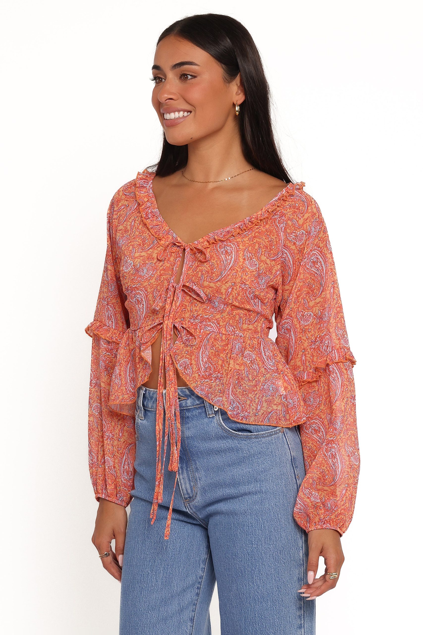 Isolt Tie Front Top - Orange Paisley - Image 3