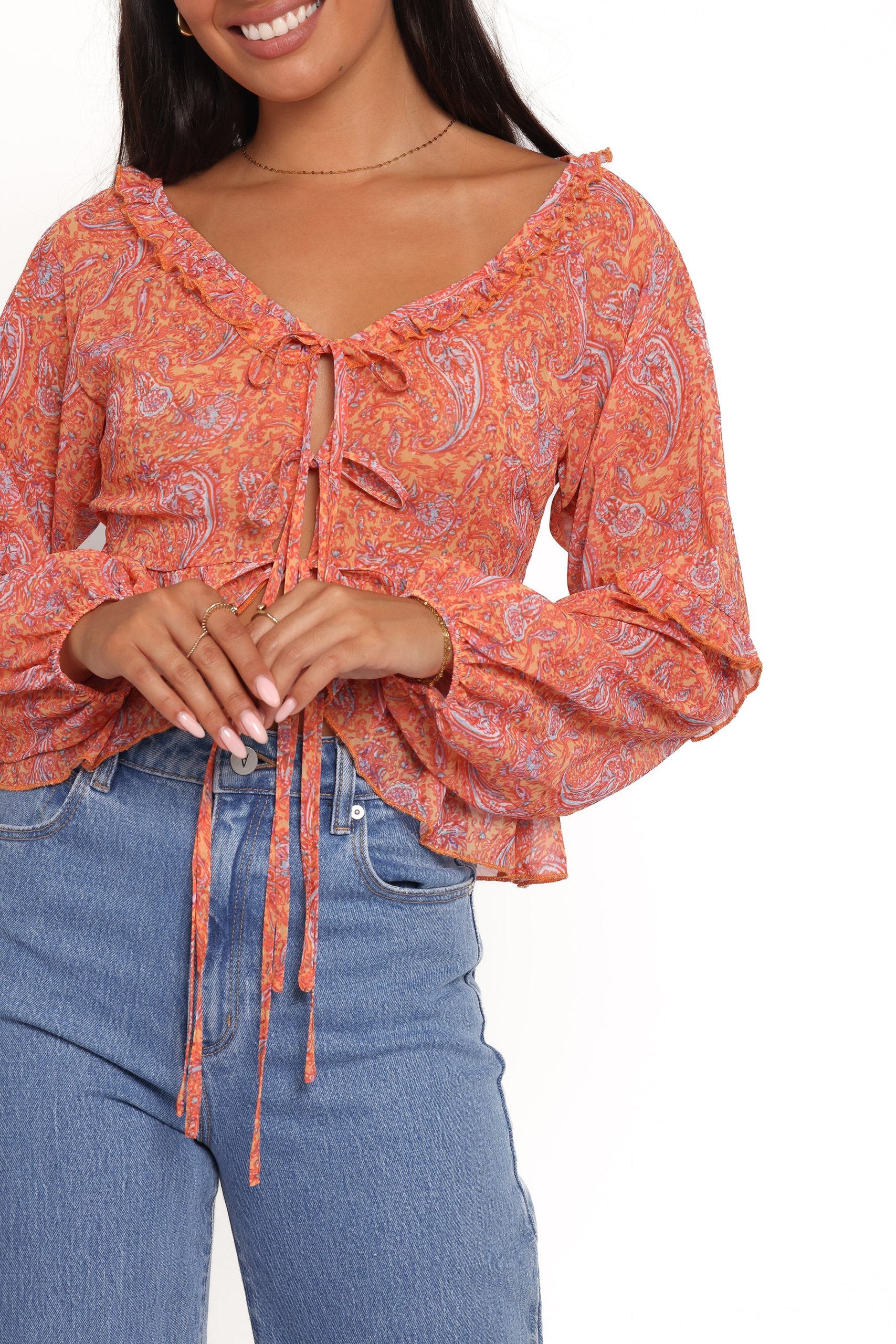 Isolt Tie Front Top - Orange Paisley - Image 2