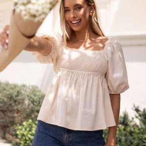 Jemima Puff Sleeve Top - Beige