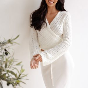 Kaelie Wrap Front Knit Top - White