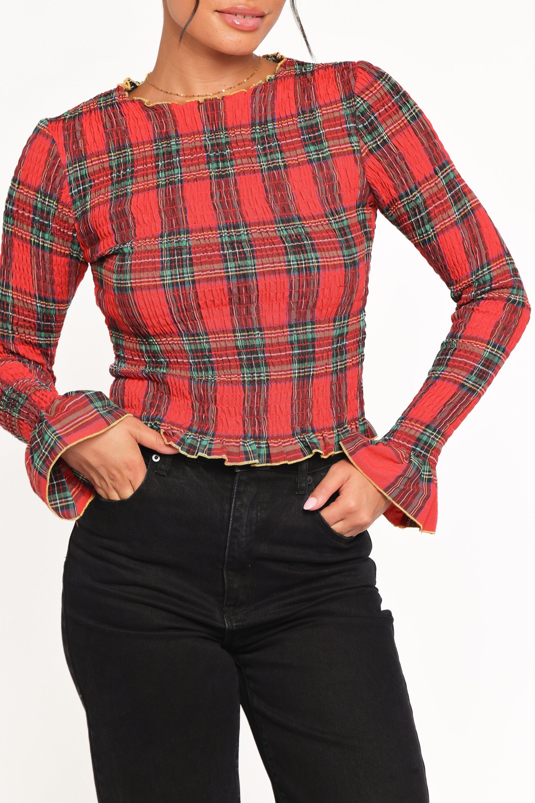 Lillee Ruched Top - Red Plaid - Image 3