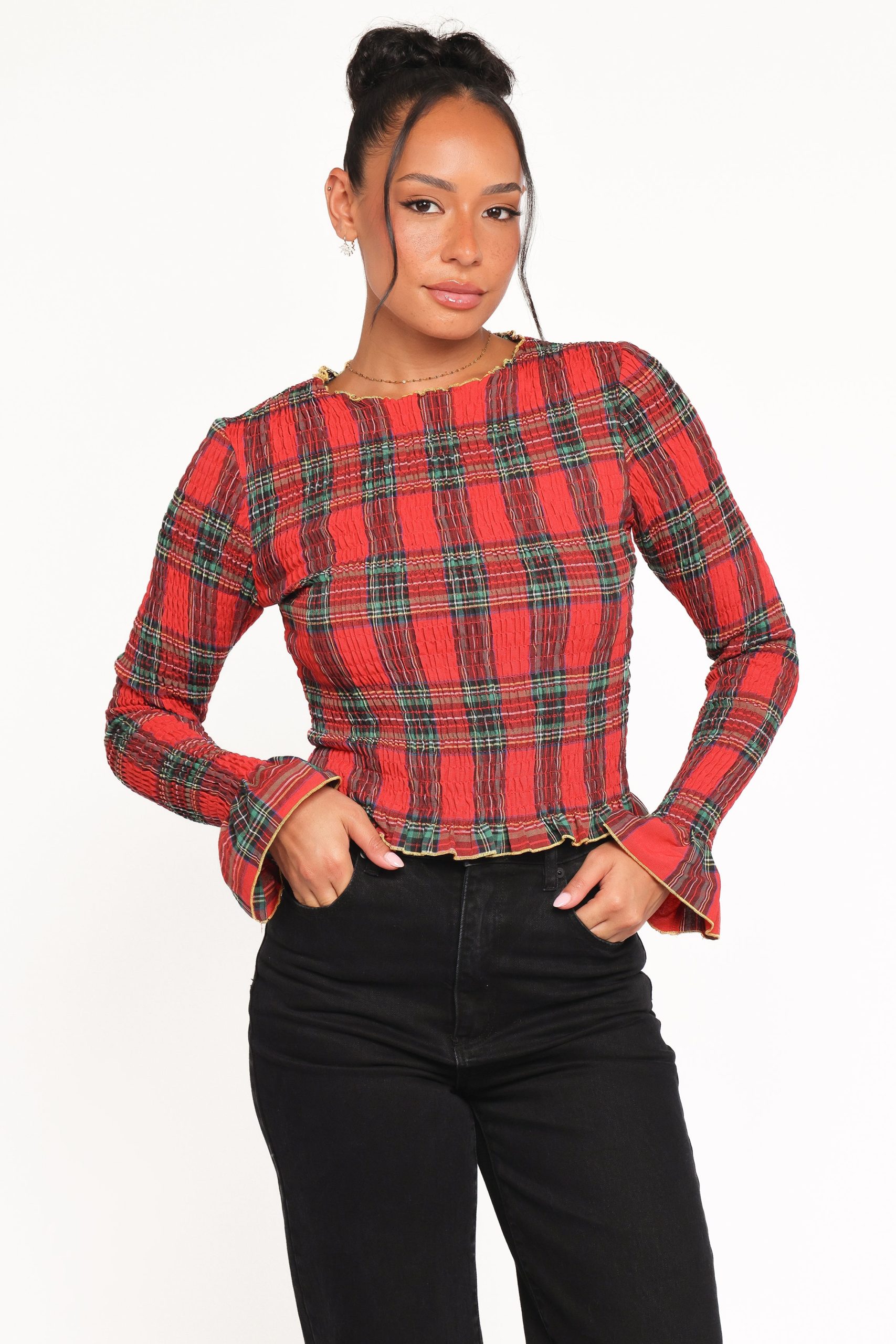 Lillee Ruched Top - Red Plaid - Image 2