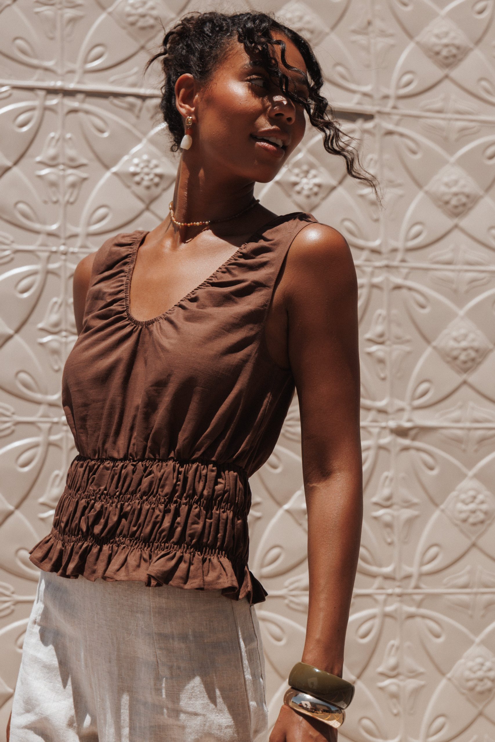 Lucilla Shirred Waist Top - Chocolate - Image 8