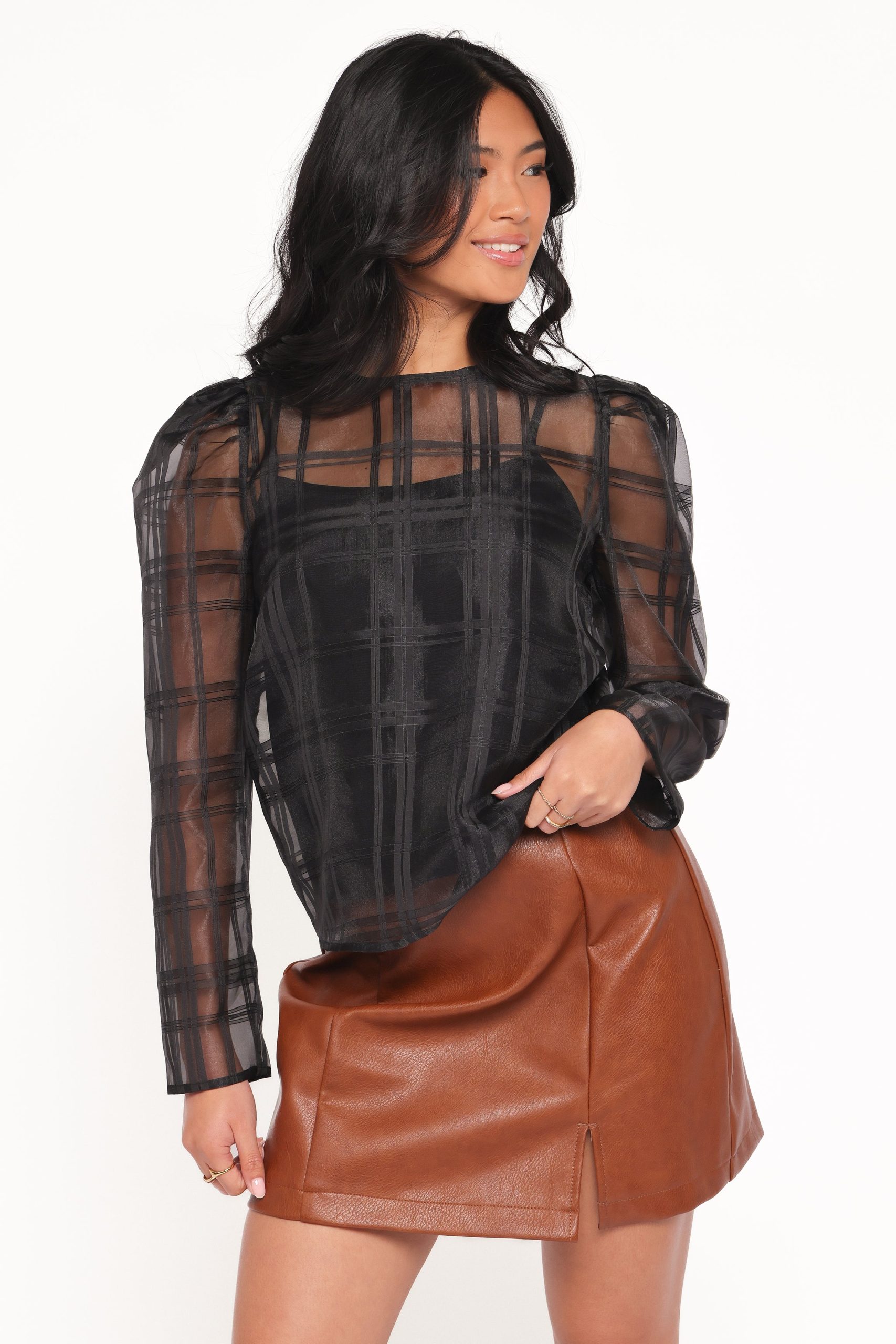Peony Long Sleeve Sheer Top with Cami - Black - Image 2