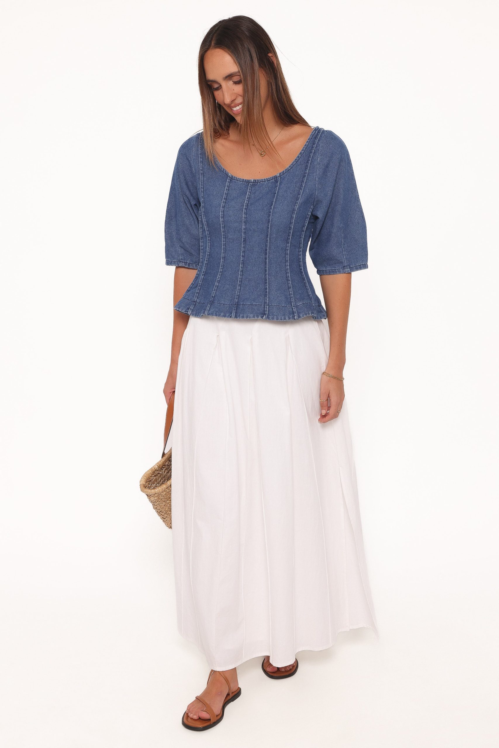 Saylor Denim Peplum Top - Blue Medium Wash - Image 3