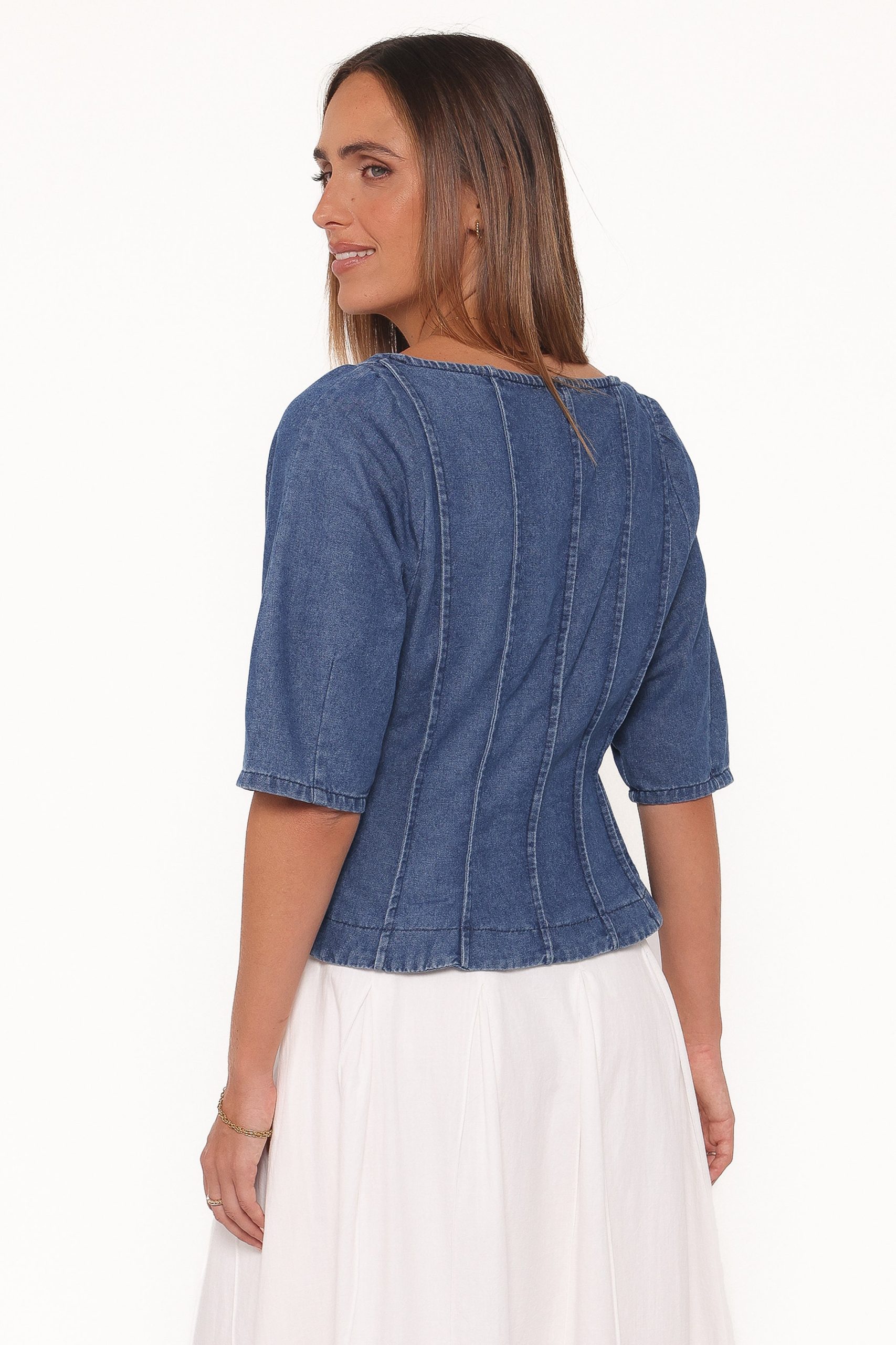 Saylor Denim Peplum Top - Blue Medium Wash - Image 5