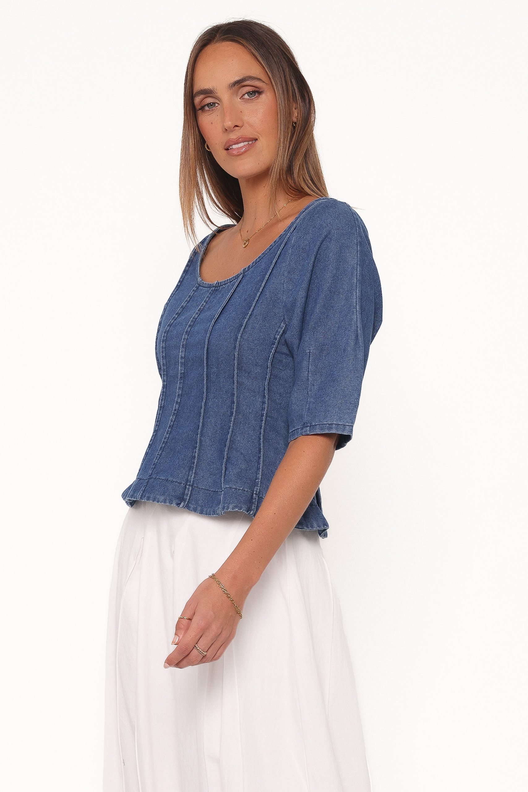 Saylor Denim Peplum Top - Blue Medium Wash - Image 4