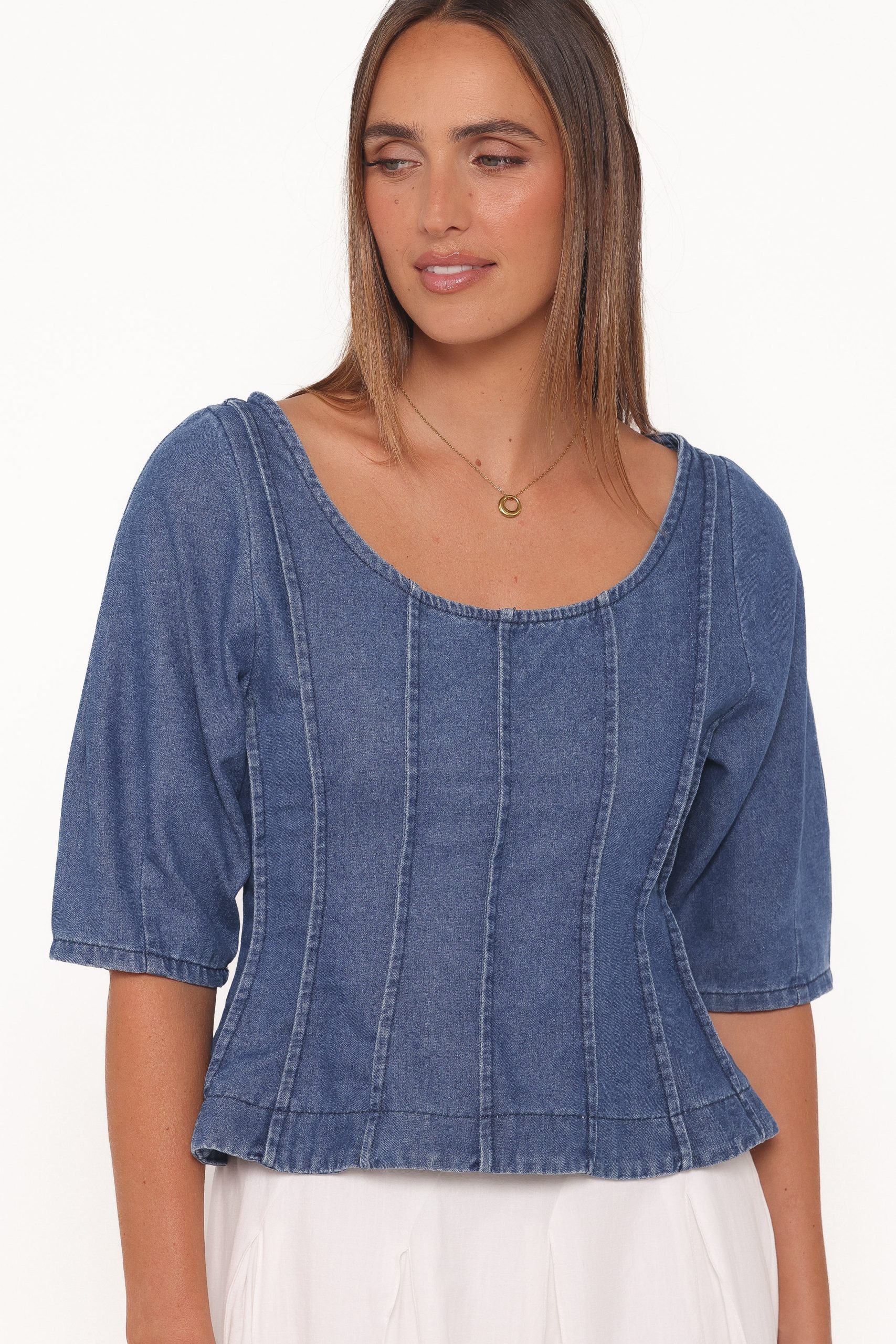 Saylor Denim Peplum Top - Blue Medium Wash - Image 2