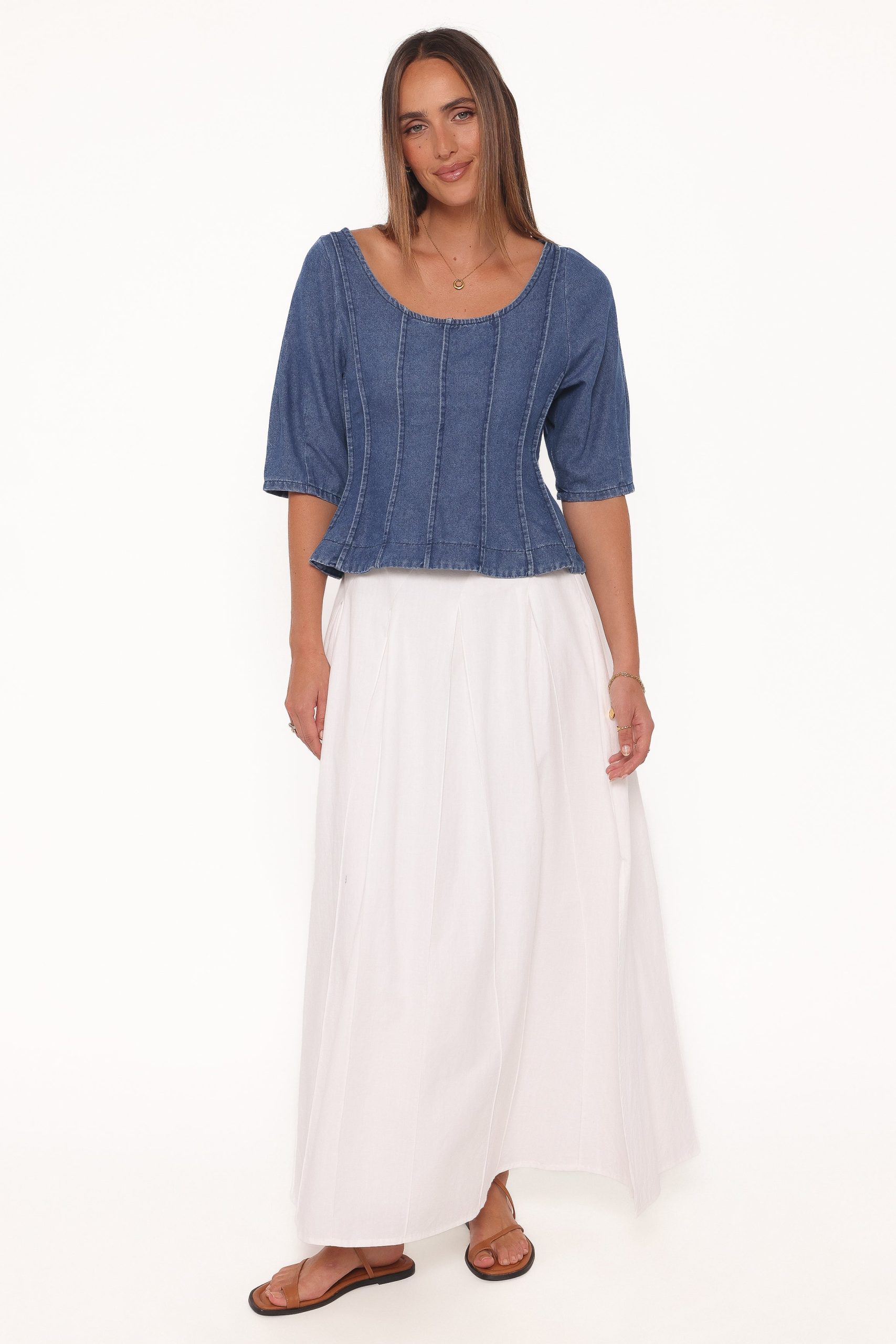 Saylor Denim Peplum Top - Blue Medium Wash - Image 6