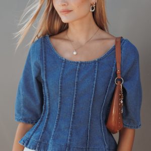 Saylor Denim Peplum Top - Blue Medium Wash
