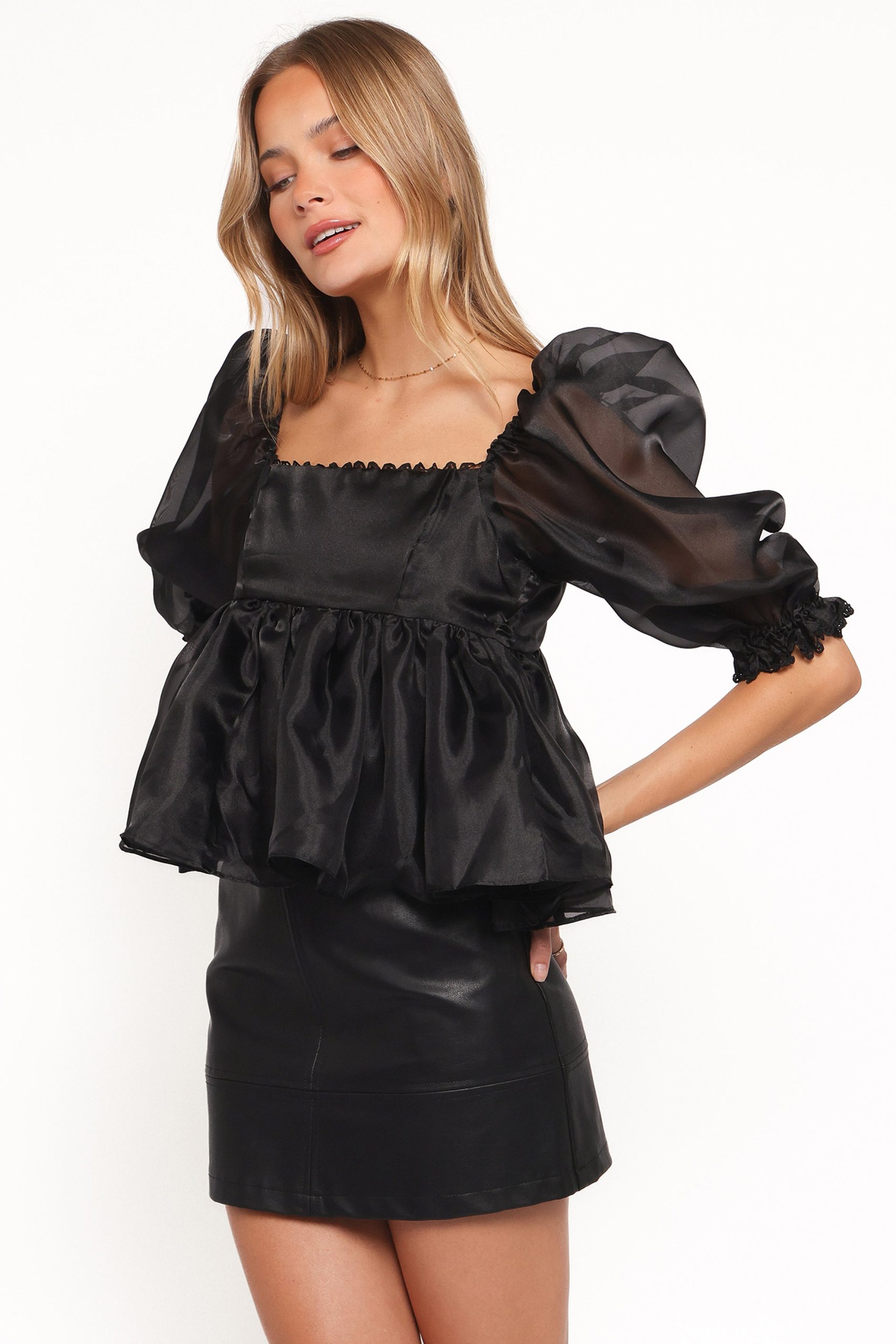 Solenne Puff Sleeve Peplum Organza Top - Black - Image 4