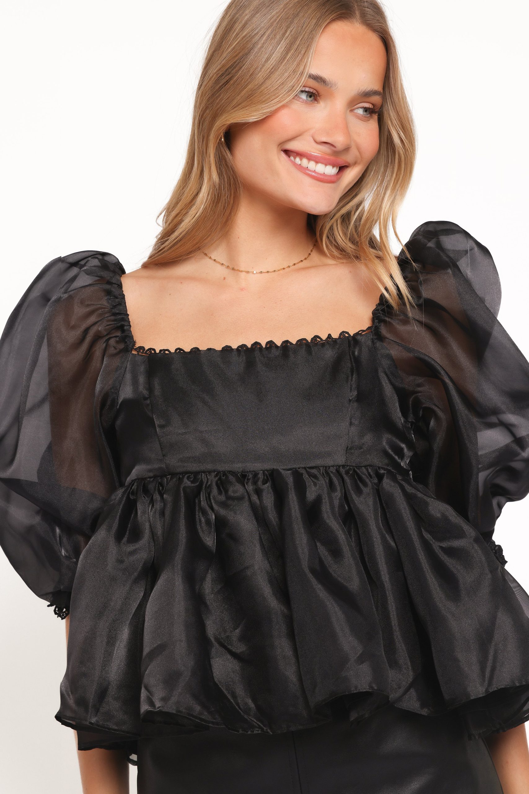 Solenne Puff Sleeve Peplum Organza Top - Black - Image 3