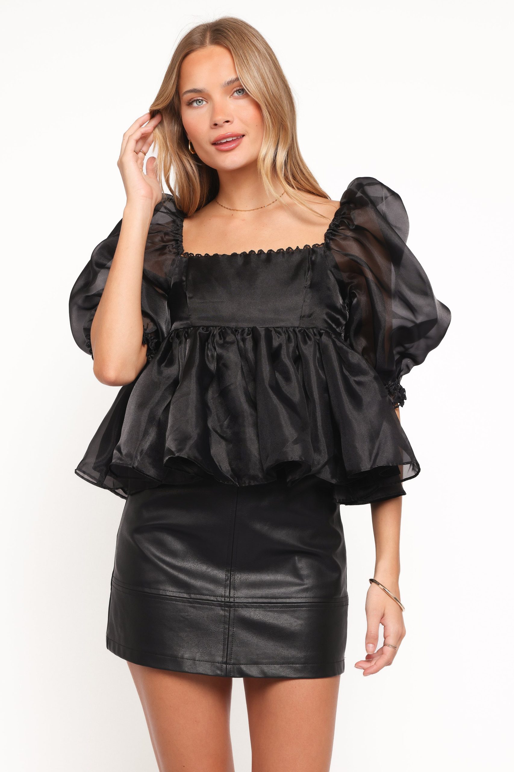 Solenne Puff Sleeve Peplum Organza Top - Black - Image 2