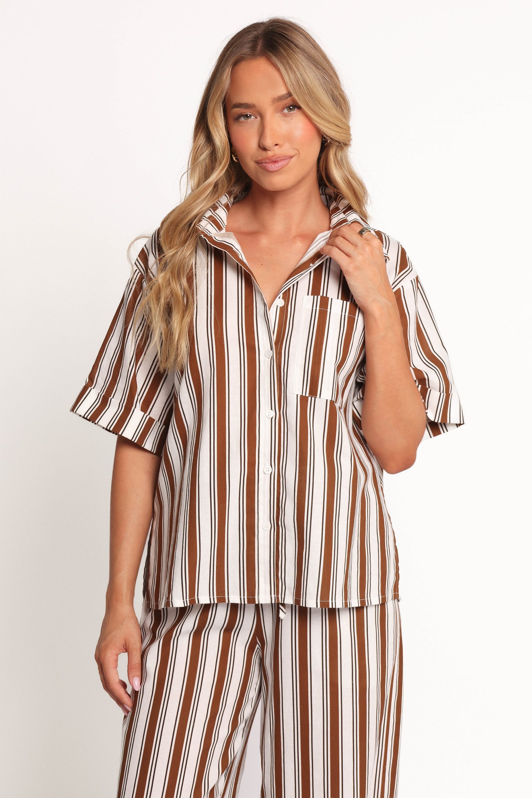 Thalia Short Sleeve Shirt - Chocolate Stripe - Image 2