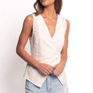 Vanni Wrap Front Linen Top - Cream