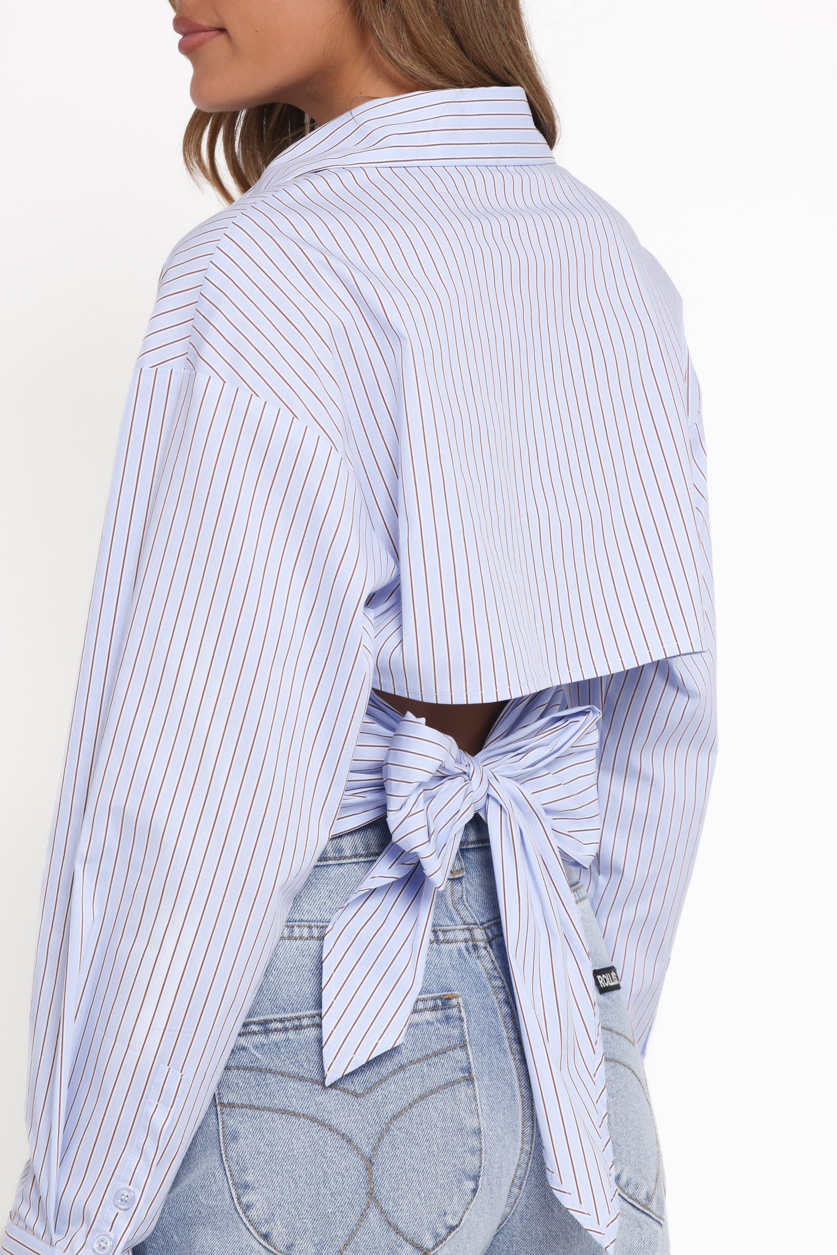 Vienne Tie Back Button Up Shirt - Blue/Brown Stripe - Image 3