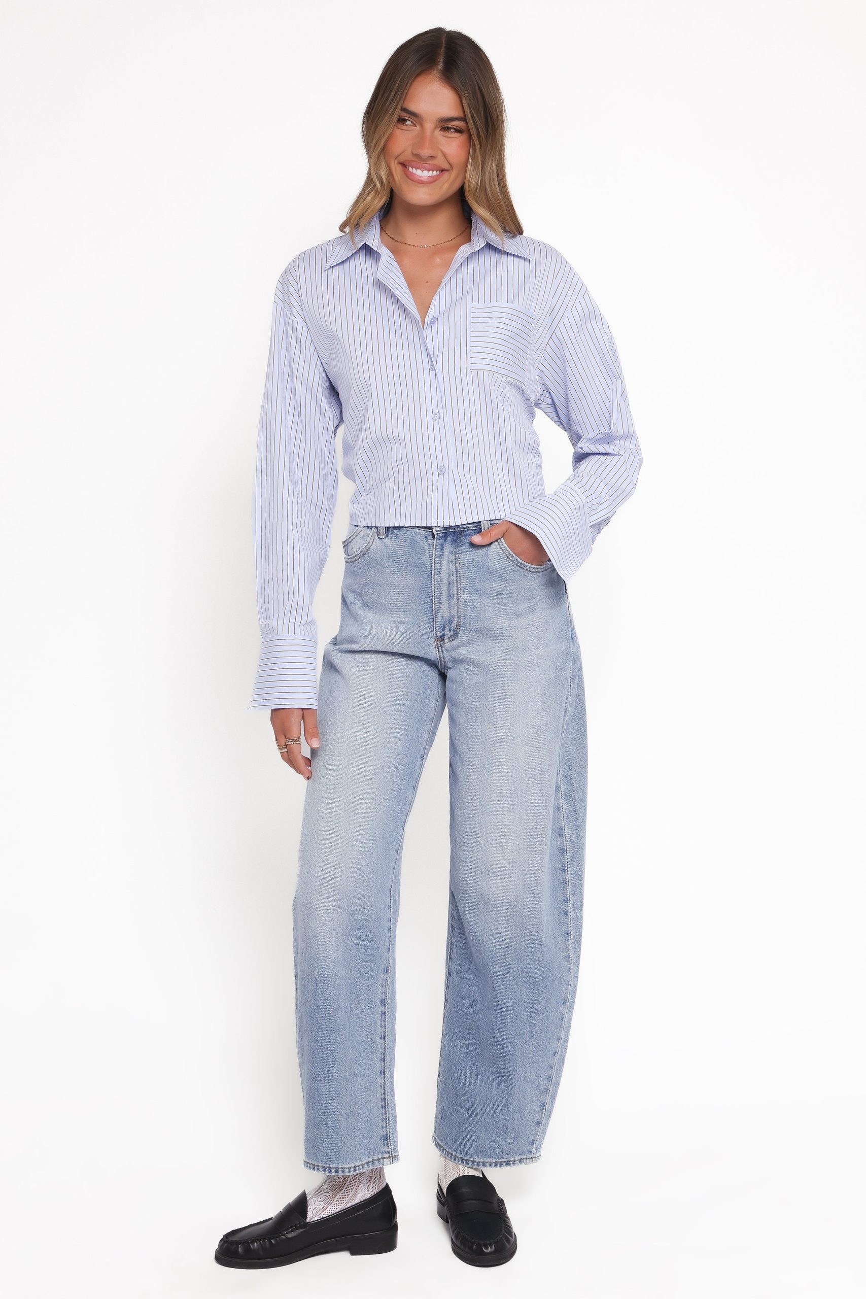 Vienne Tie Back Button Up Shirt - Blue/Brown Stripe - Image 6