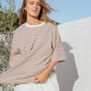Wilda Oversized Tee - Cream Tan Stripe