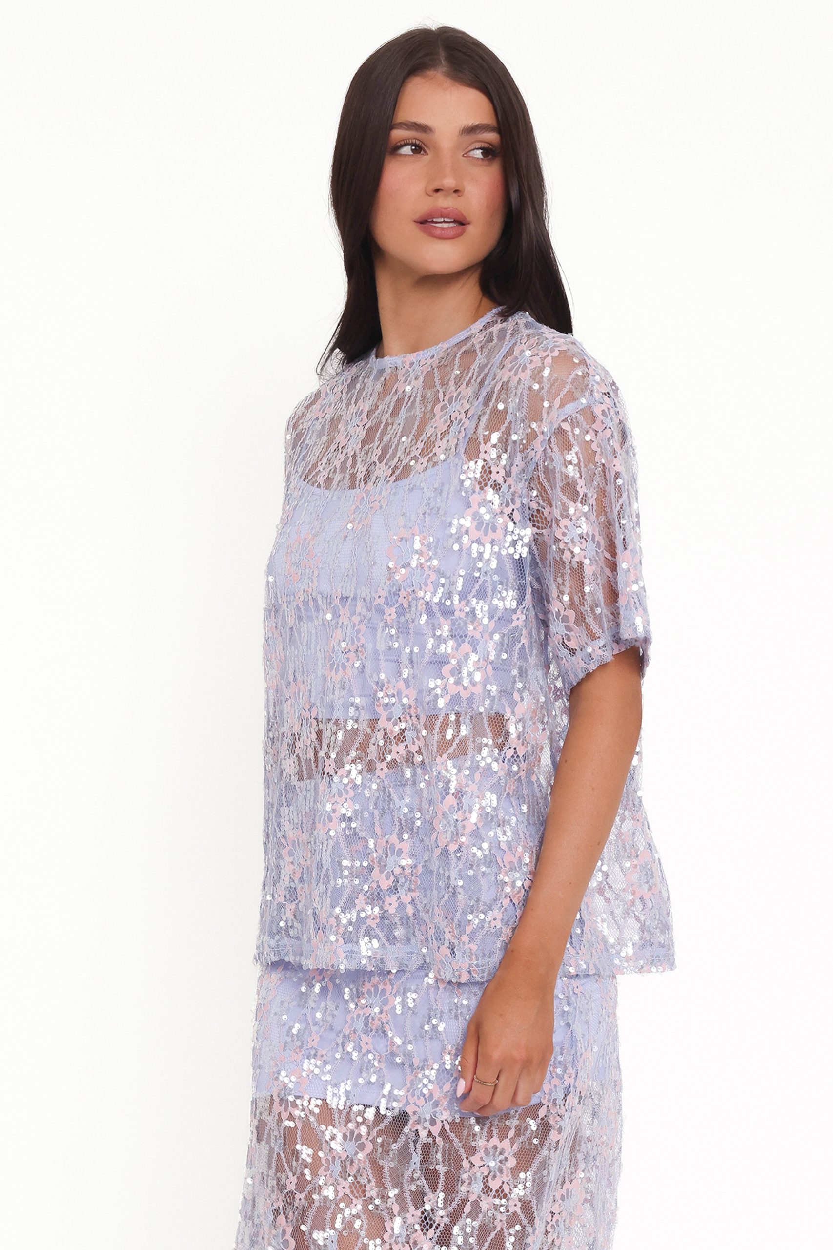 Yonder Sheer Lace Tee Top - Purple - Image 4