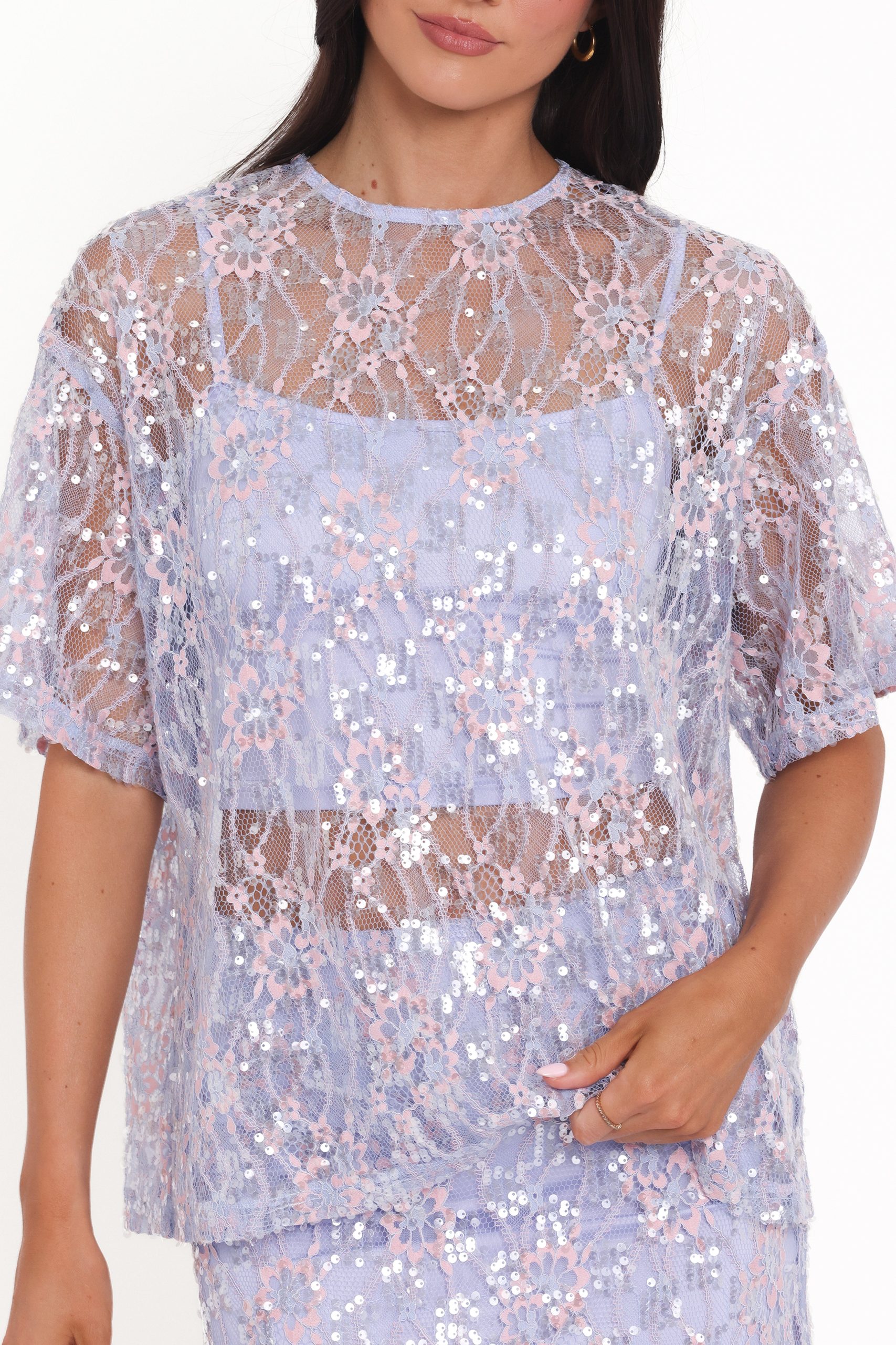 Yonder Sheer Lace Tee Top - Purple - Image 3