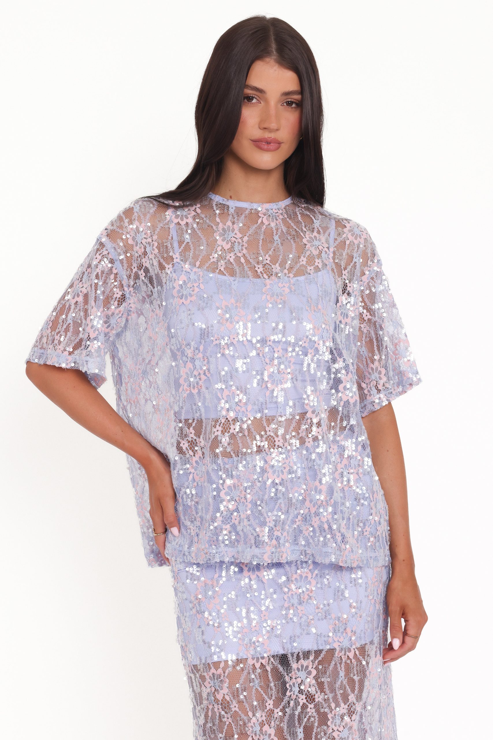 Yonder Sheer Lace Tee Top - Purple - Image 2