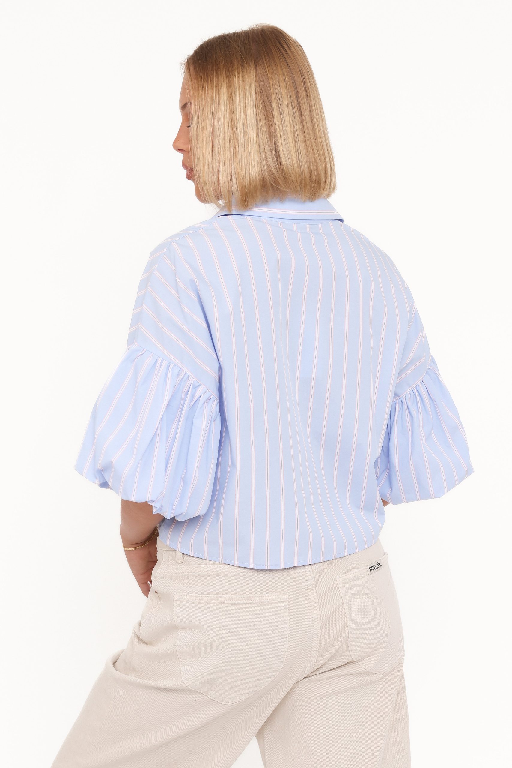 Zella Puff Sleeve Button Up Shirt - Blue White Stripe - Image 5