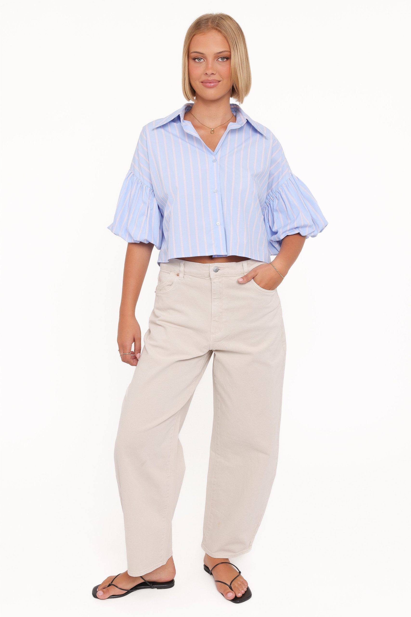 Zella Puff Sleeve Button Up Shirt - Blue White Stripe - Image 6