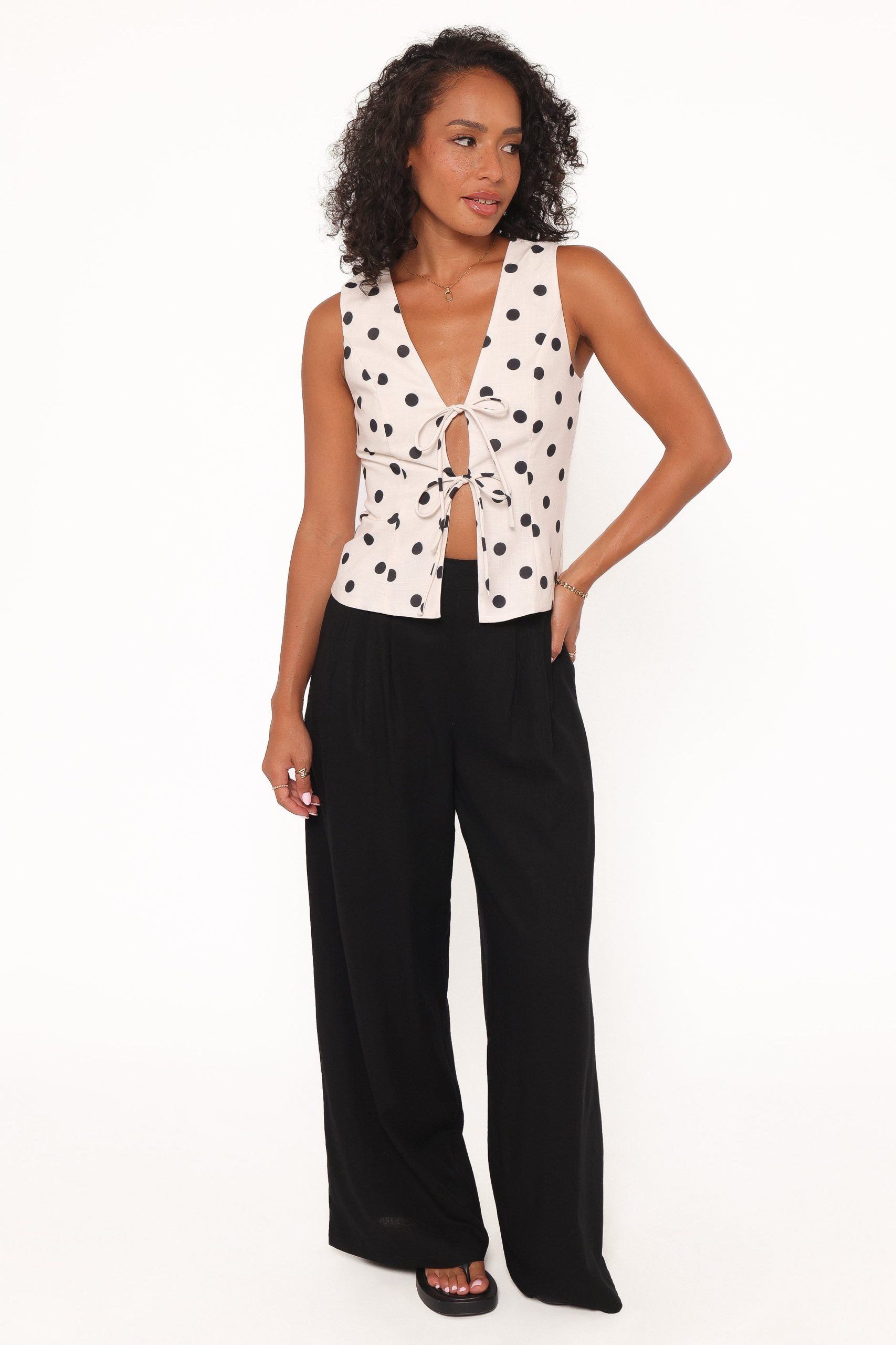 Zoie Tie Front Vest - Cream Polka Dot - Image 5