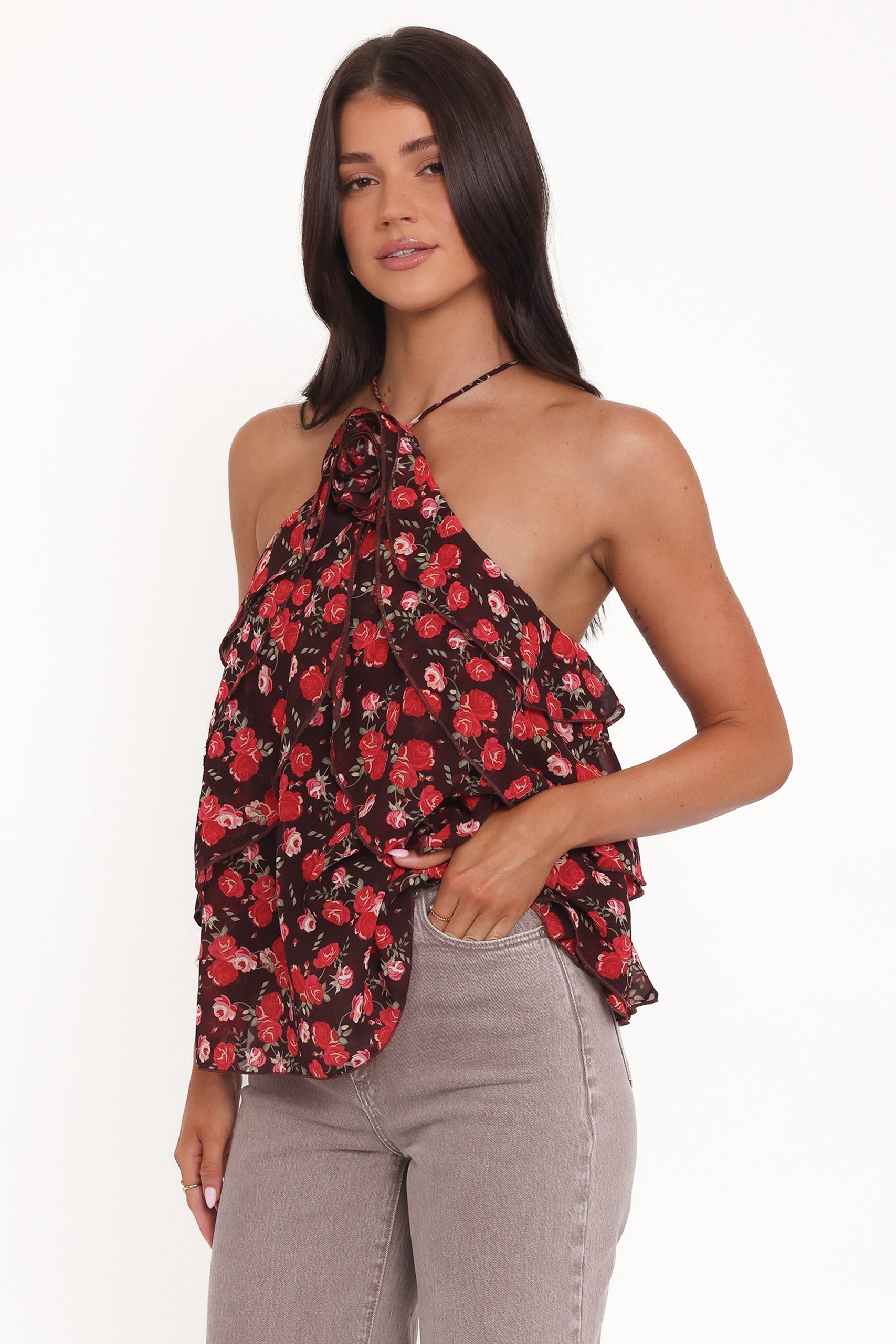 Zorina Halter Neck Chiffon Top - Brown Floral - Image 4