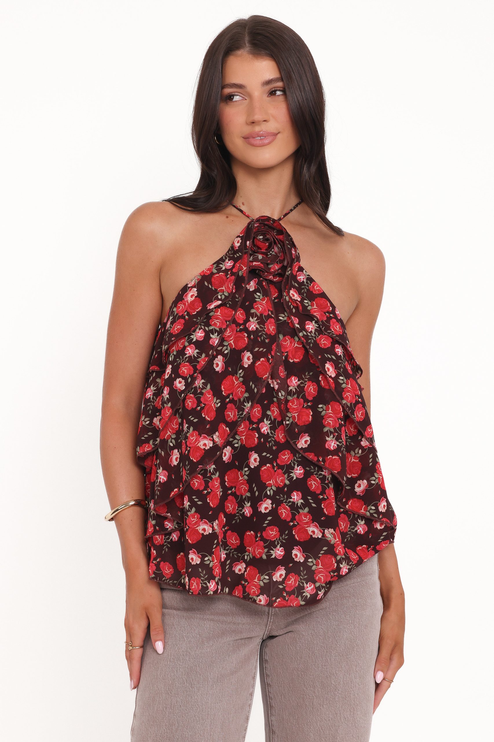 Zorina Halter Neck Chiffon Top - Brown Floral - Image 6